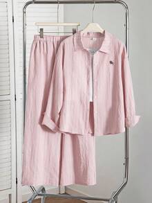 SHEIN 青少年女孩休閒條紋襯衫與長褲套裝 - 粉色 - 查看 1