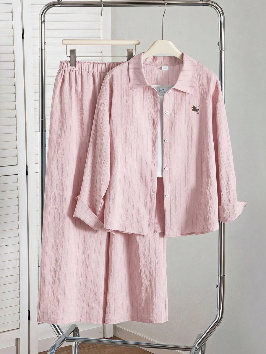 SHEIN 青少年女孩休閒條紋襯衫與長褲套裝 - 粉色 - 查看 1