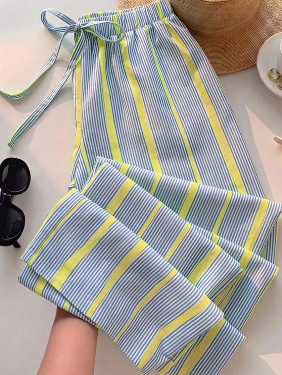 Comfortcana 女款休閒腰綁帶寬腿長褲,適合夏季休閒簡約度假波希米亞優雅浪漫復古藍黃條紋印花褲,通勤、音樂節、海灘、度假、夏季 - 彩色 - 查看 1