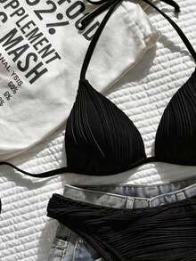 Swim Lushoire 女款春夏提花布料掛脖式聚攏高衩比基尼套裝 - 黑色 - 查看 4