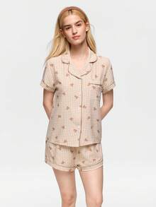 Bonmuse 2pcs Comfortable Plaid Teddy Bear Print Pajama Set, Short Sleeve Collared Top With Pocket And Bow Shorts, Women Sleepwear Homewear For All Seasons - Brown - View 5