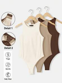 SHEIN BASICS 3件組女款休閒圓領無袖修身針織連身衣，純色夏季日常穿著，白色、卡其色、巧克力棕 - 彩色 - 查看 9