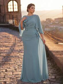 Serin Plus Size Elegant Classy Formal Party Bridesmaid Dusty Blue 3D Floral Flutter Sleeve Chiffon Ruched A-Line Dress Evening Dinner Wedding Prom Fall - Baby Blue - View 5