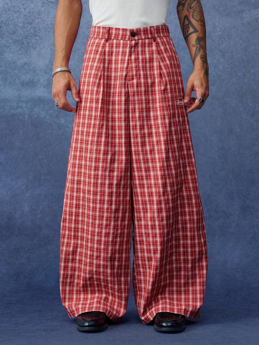 PAVTROS Men's Plaid Wide Leg Loose Casual Pants - Red - View 1