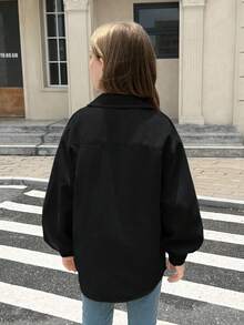 SHEIN Tween女孩素色米色燈芯絨翻蓋口袋落肩長袖外套，適合秋冬 - 黑色 - 查看 13