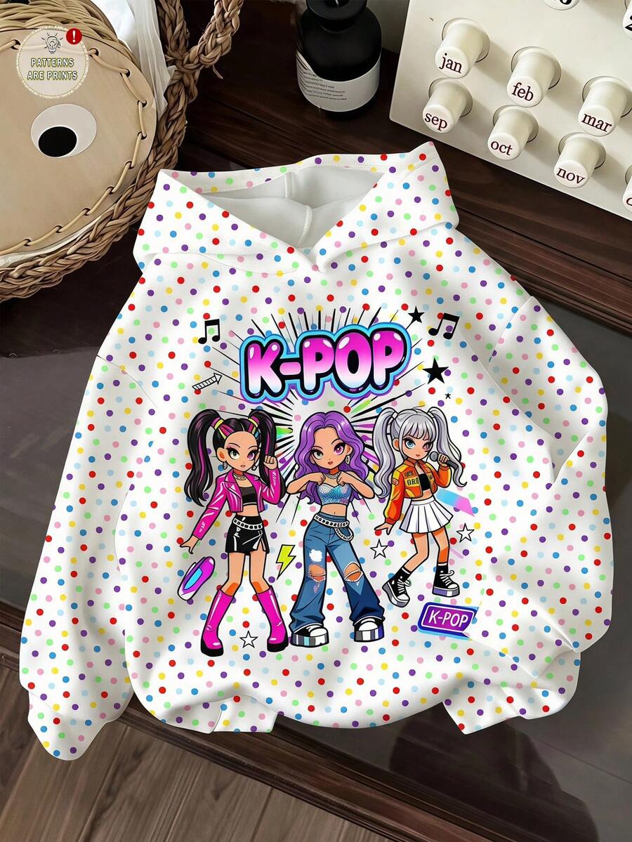 少女可愛卡通女團印花 K-Pop 超級巨星波點運動衫,適合秋冬穿著 - 彩色 - 查看 1
