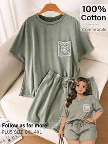 CosyJoli 大尺碼女款圓領短袖T恤與短褲休閒套裝，柔軟修身，適合夏季度假與辦公日常穿搭，鼠尾草綠 - 綠色 - 查看 2