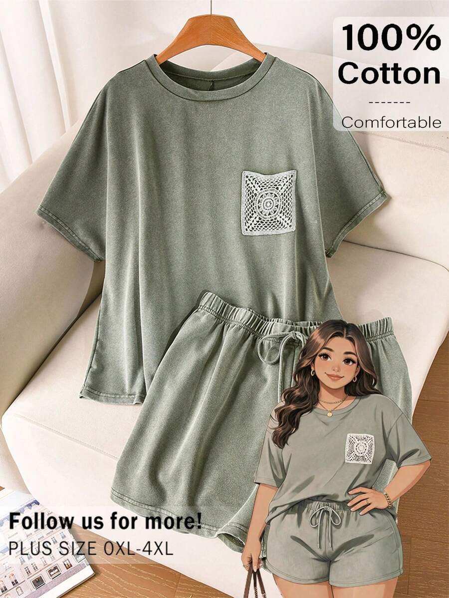 CosyJoli 大尺碼女款圓領短袖T恤與短褲休閒套裝，柔軟修身，適合夏季度假與辦公日常穿搭，鼠尾草綠
