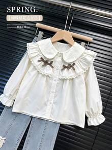 SHEIN 少女休閒學院風復古優雅修身對比蕾絲飾邊翻領泡泡長袖鈕扣前襟白色梭織素色襯衫 - 白色 - 查看 2