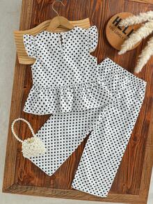 SHEIN Elladie kids 少女新款清新田園風細緻波點兩件套 粉色蝴蝶結裝飾無袖背心 + 粉色紋理布料寬腿長褲 甜美可愛時尚休閒夏季穿搭 - 黑與白 - 查看 4