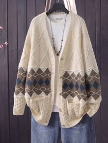 Rusticease Cardigan Rajut Tebal Musim Gugur/Dingin Wanita, Sweater Ukuran Besar dengan Motif Berlian Jacquard - Aprikot - View 5