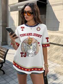 TOM & JERRY X SHEIN Kaos Wanita Kasual Musim Panas dengan Motif Kartun - Putih - View 6