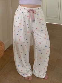 Dazy Plus Star Pattern All-Over Floral Elastic Waist Drawstring Tie Cute Pajama Bottoms Fall - White - View 4