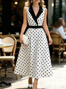 Selianne Women's Elegant Tailored Stand Collar Sleeveless Waist Patchwork Contrast Color Flared White Polka Dot Vintage Party Office Tea Party Dress Summer - White - View 3