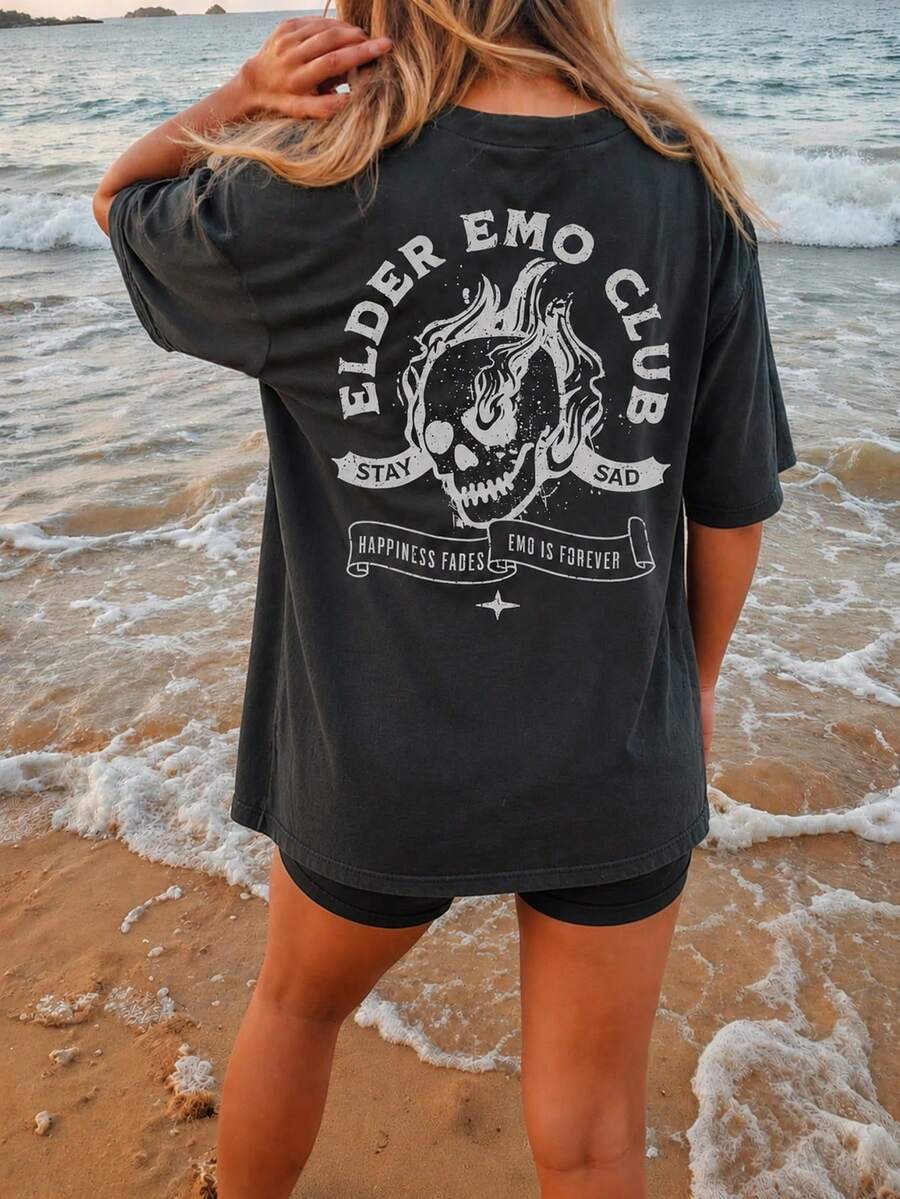 Elder Emo Club Skeleton T-Shirt - Comfortable Color - Emo Forever Ladies T-Shirt - Dark Grey - View 1