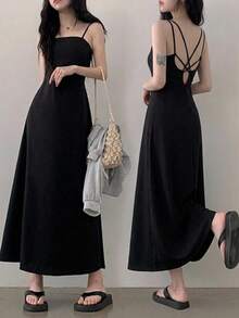 DAZY Elegant Sleeveless Waist-Cinched Long Black Dress For Women Sundress Summer - Black - View 1