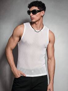 Zorclune Hochwertige, minimalistische und bequeme Herren Jacquard Gestreiftes Ärmellos Tank Top, geeignet für lässig, Büro, Dates, Partys, formelle oder informelle Anlässe, vielseitiges Design, ideal zum Selbsttragen oder als Geschenk Mesh Tank Top Herren Herren Häkel Top Strick Tank Top Herren Herren Mesh Top, Urlaub - Weiss - Übersicht 3