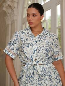 VOLUPTÉ CURVE Plus Size Women's Spring/Summer Blue And White Floral Lace Trim Shirt Collar Short Sleeve Maxi Skirt Set, Elegant A-Line Work Brunch Vacation Set - Blue - View 3
