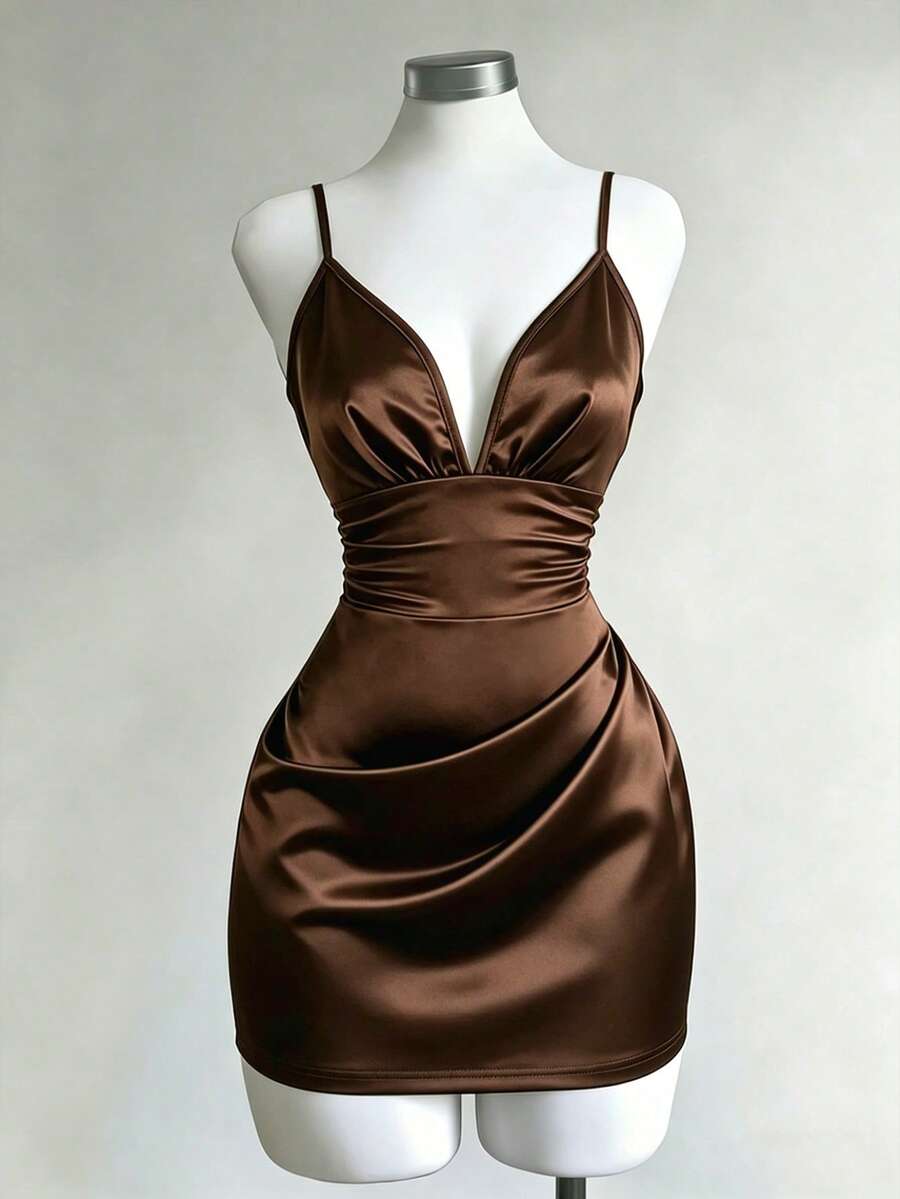 Franclia Women's Elegant Solid Satin Luxurious Spaghetti Strap Ruched Low-Cut Waist Dress - Coffee Brown - View 1