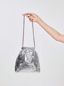 ROMWE Kawaii Bolso de hombro moda plata con diseño de diamante de imitación con diseño de cordón - Plateado - Ver 1