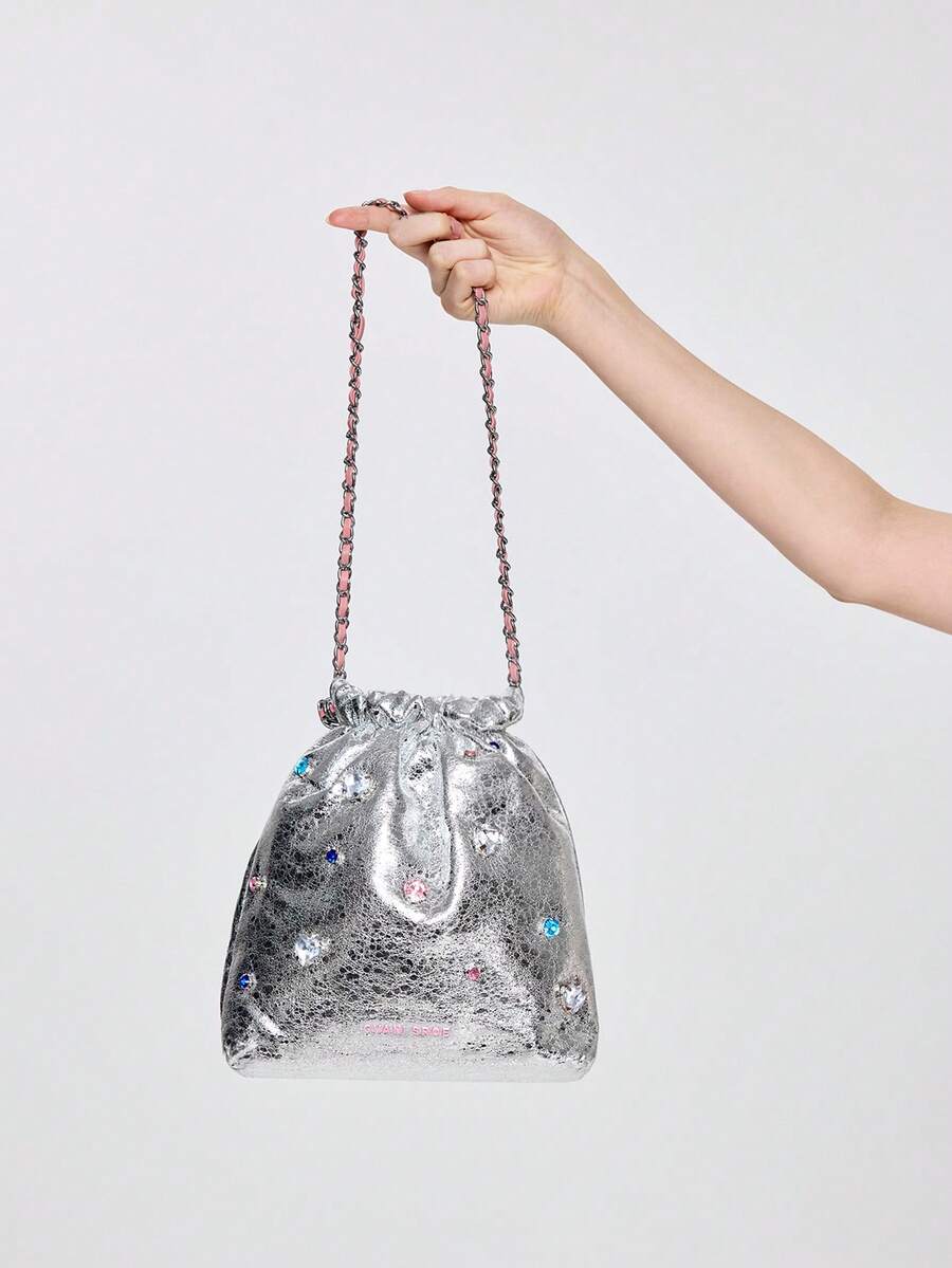 ROMWE Kawaii Bolso de hombro moda plata con diseño de diamante de imitación con diseño de cordón - Plateado - Ver 1