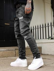 Manfinity Homme Men's Pocket Distressed Skinny Casual Versatile Jeans Ripped Grey Jeans Stretch Washed Slim Fit Thrashed Denim - Grey - View 5