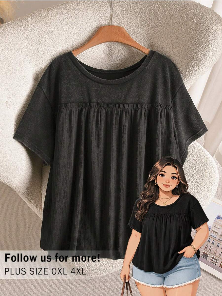 CosyJoli 大尺碼深綠色雪洗水上衣，可愛夏季娃娃風寬鬆女款 T-shirt，適合外出、正式、居家與休閒日常穿著