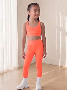 SHEIN Sports And Outdoor Young Girls' Set With Crossback Shoulder Straps, High Elasticity For Figure Enhancement, Free Stretching, Breathable And Sweat-Absorbing For Riding, Running, Indoor Dancing And Comprehensive Training - Burnt Orange - View 3