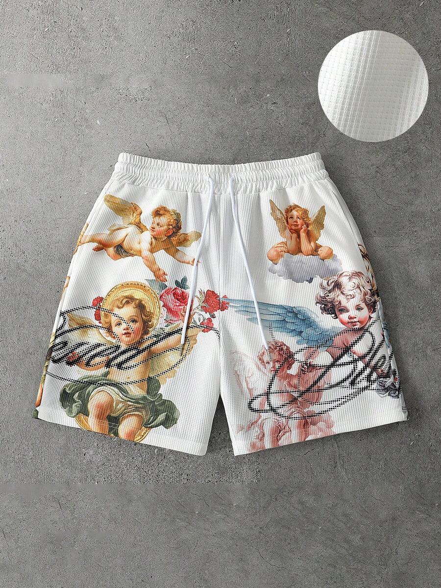 ROMWE MEN Men's Angel Script Print Shorts - Pink - View 1