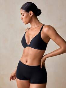 Veilyse 1pc Women's V-Neck Comfortable Wireless Front Closure Soft Cup Cotton Solid Color Bra With Adjustable Straps - Black - View 7