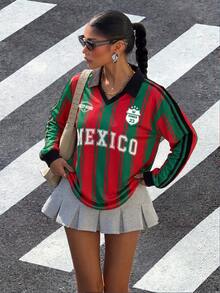 Muchica 女士墨西哥国旗绿红条纹长袖足球衫 Polo 衫，棕色撞色领口和条纹袖口——复古、学院风、经典、青春、街头时尚风格，完美适用于足球比赛、体育赛事、观众装扮、日常出行、音乐节、返校季、外出、嘻哈、Grunge、摇滚说唱等各种场合。 - 彩色 - 查看 4