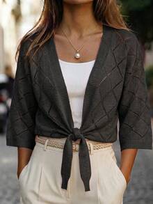 SHEIN Solid Color Hollow Knit Lace-Up Cardigan - Black - View 1