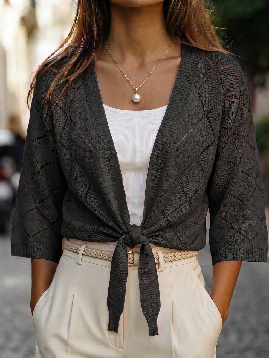 SHEIN Solid Color Hollow Knit Lace-Up Cardigan - Black - View 1