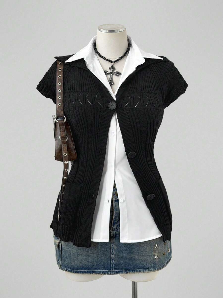 Sunspun Plus Size Women's Knit Cardigan Sweater Short Sleeve With Pockets - Black - View 1