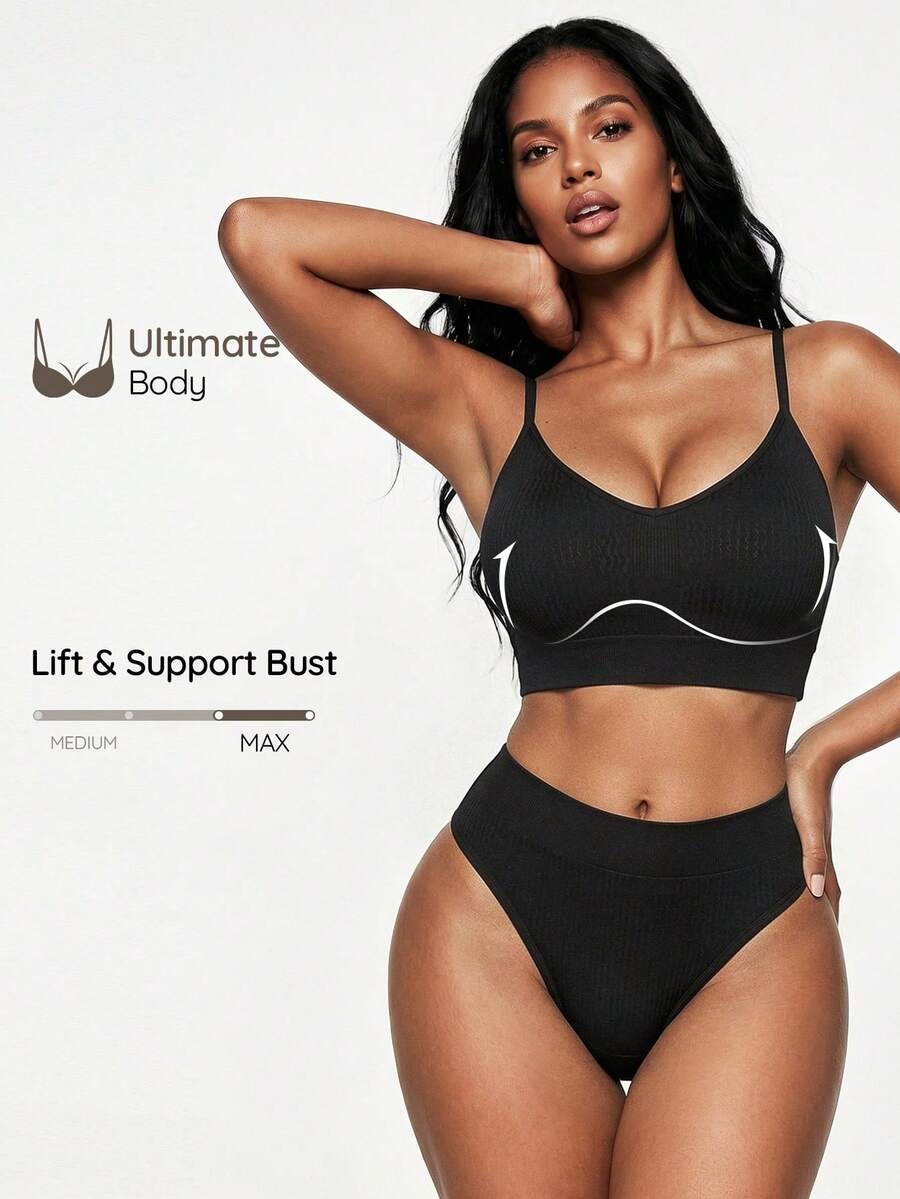 SHEIN Conjunto de lencería de sostén y panty sólido sin costuras - Negro - Ver 1