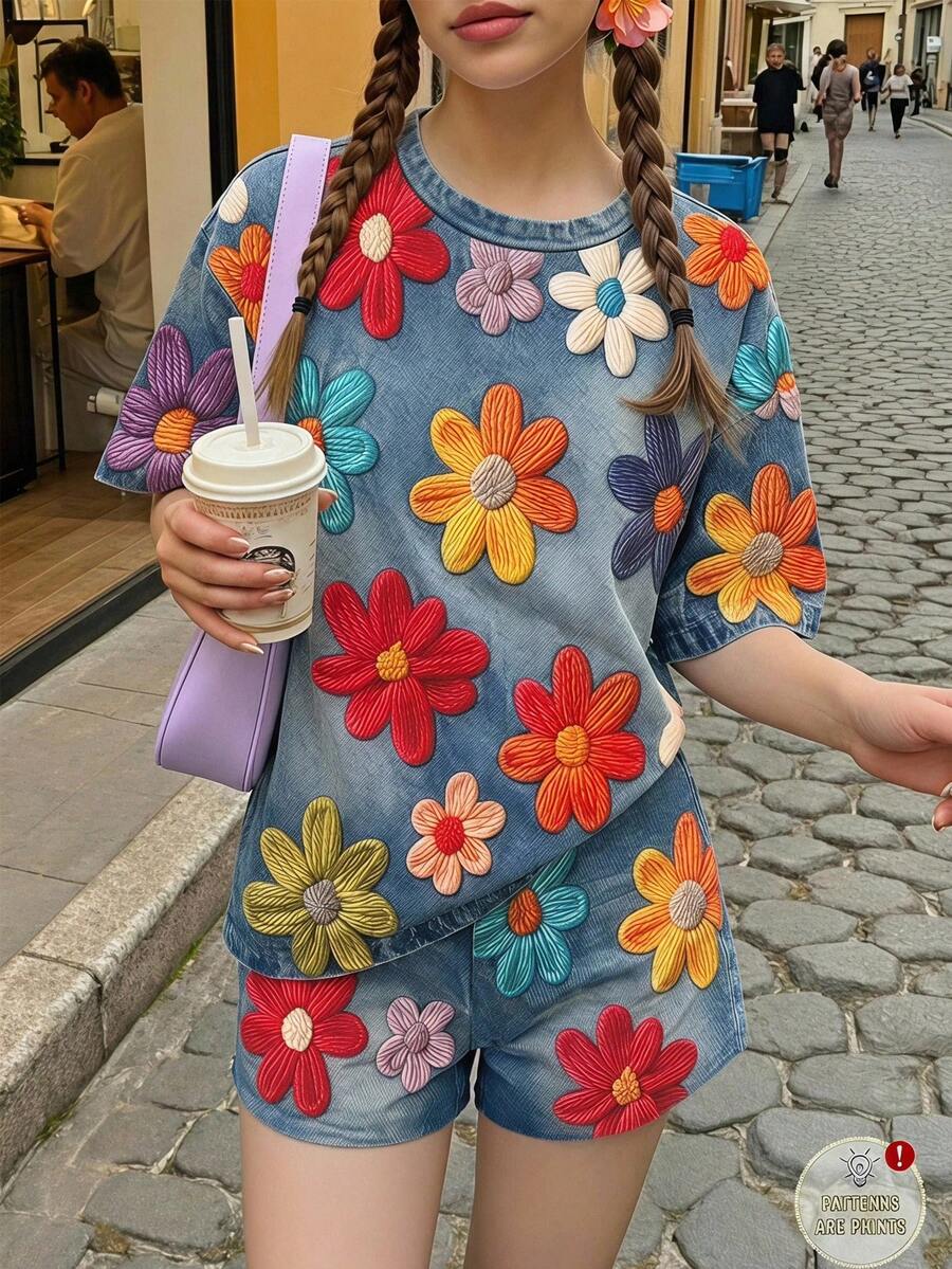 青少年女孩休閒可愛紋理碎花甜美奶油風田園風圓領短袖T恤與寬鬆短褲兩件套,適合春夏,圖案舒適,女孩套裝,Y2K復古度假風 - 彩色 - 查看 1