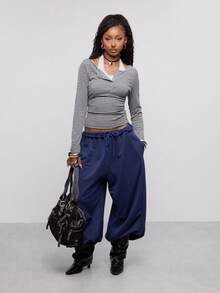 COUREZ Low Rise Oversized Casual Sweatpants With Knee Pleats, Y2K Comfy Pants For Women Navy Blue Bottoms Fall Autumn Going Out Airport - Blue - View 4