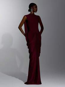 Elitara Elegant Queen Princess Stretch Fabric Round Neck Ruched Bodycon Back Slit Long Dress, Women's Party Wedding Guest Formal Evening Gown Burgundy Winter - Burgundy - View 1