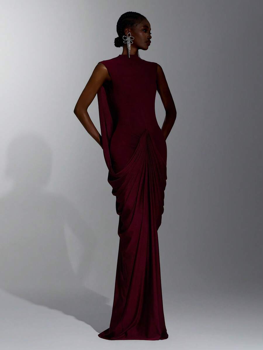 Elitara Elegant Queen Princess Stretch Fabric Round Neck Ruched Bodycon Back Slit Long Dress, Women's Party Wedding Guest Formal Evening Gown Burgundy Winter - Burgundy - View 1