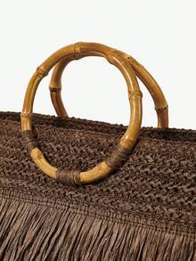 MUSERA Layered Straw Fringe Bamboo Top Handle Tote Beach Bag Spring Summer Beach Swim Festival Vacation Cute Daily - dark brown - View 8