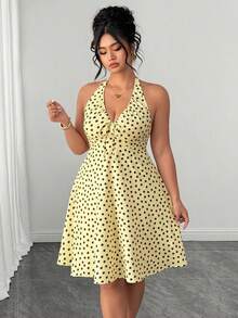 SHEIN Clasi Plus Size Women's Elegant Shirred Halter Neck Multi-Color Color-Block Waist-Cinched Slimming Dress, Back Fitted Ruched Design, Suitable For Daily Commute, Party, Birthday, Gathering - Multicolor - View 8