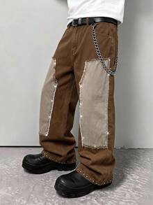ROMWE MEN Street Life Men's Casual Fashion Street Style Distressed Patch Rivet Decor Loose Straight Leg Jeans - Brown - View 1