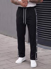 Manfinity CasualCool 男士黑色側邊雙排扣開衩抽繩彈性腰休閒長褲 - 黑色 - 查看 3