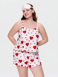 Bonmuse Plus Size Women Heart Print Camisole Top And Bow Decor Shorts Casual Loungewear Set - Multicolor - View 1