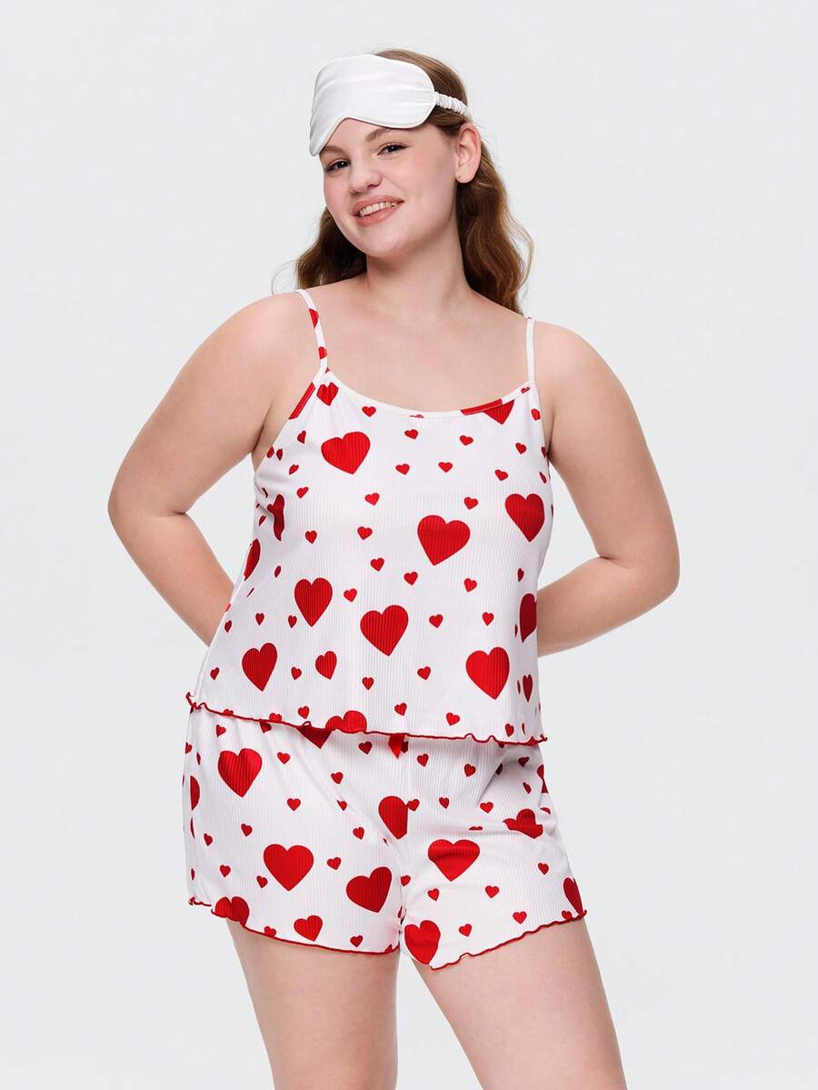 Bonmuse Plus Size Women Heart Print Camisole Top And Bow Decor Shorts Casual Loungewear Set - Multicolor - View 1