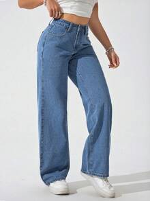 Flirla Plus Size Women Non-Stretch Denim Wide Leg Jeans Cowboy Casual Loose Fit Formal Vacation Blue Summer - Medium Wash - View 4