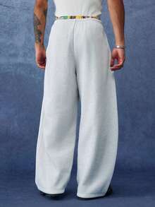 PAVTROS Men's Letter Print Denim Elastic Waist Wide Leg Casual Sweatpants - Grey - View 2