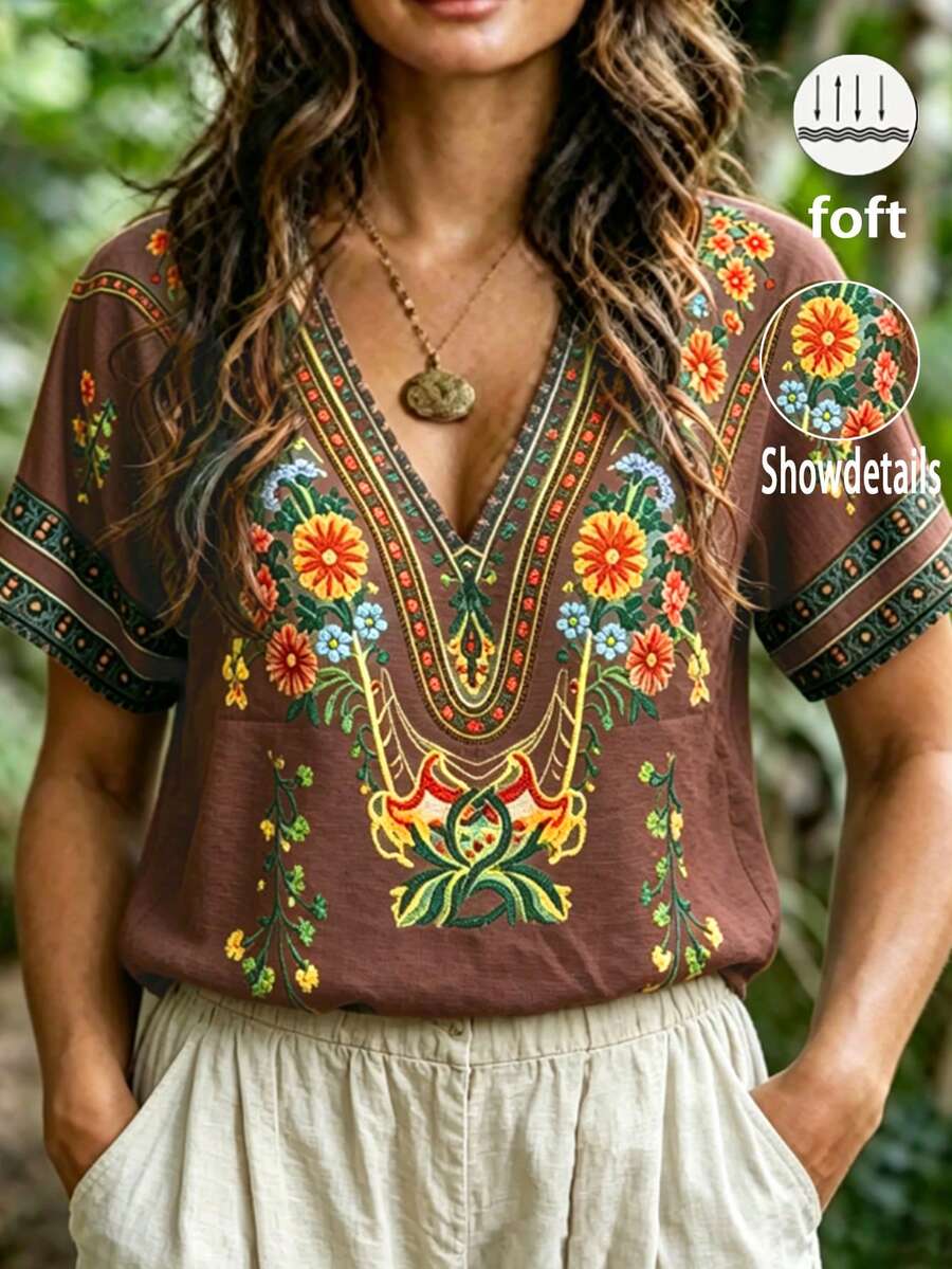 Zayélia 女款棕色花卉波希米亞刺繡上衣,復古V領蝙蝠袖寬鬆長版上衣,波西米亞風夏季休閒度假襯衫 - 棕色 - 查看 1
