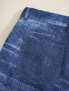 LOONEY TUNES X SHEIN Men's Cartoon Print Camouflage Patchwork Button Denim Shorts - Blue - View 5