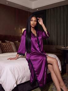 Silforma Contrast Color Lace Patchwork V Neck Oversized Faux Silk 3/4 Sleeve Long Nightgown, Moo Moo, Fall, Winter - Maroon - View 3